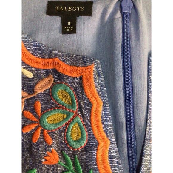 Talbots Embroidered Floral Linen Shift Dress Women 8 Blue Boho Retro Cottagecore - Picture 5 of 10
